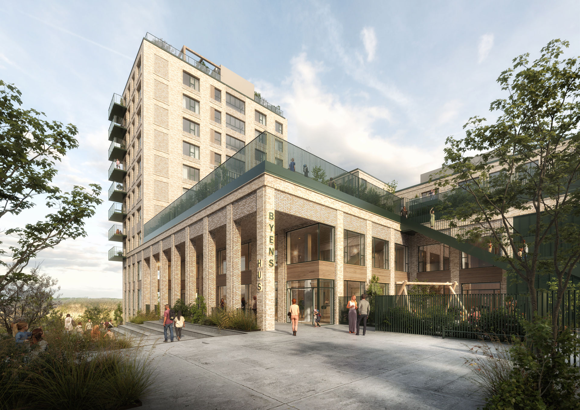 Byens Hus set fra Asger Jorns Allé. Visualisering udført af ACT Architects. Visualiseringen er vejledende, og der kan forekomme ændringer i facadens endelige udtryk som følge af tekniske, arkitektoniske eller myndighedsmæssige forhold.