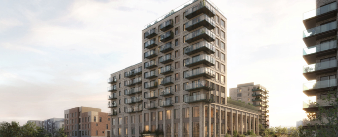 Byens Hus set fra Kalvebod Fælled. Visualisering udført af ACT Architects. Visualiseringen er vejledende, og der kan forekomme ændringer i facadens endelige udtryk som følge af tekniske, arkitektoniske eller myndighedsmæssige forhold.