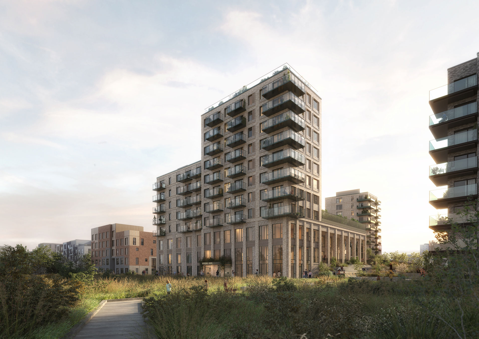 Byens Hus set fra Kalvebod Fælled. Visualisering udført af ACT Architects. Visualiseringen er vejledende, og der kan forekomme ændringer i facadens endelige udtryk som følge af tekniske, arkitektoniske eller myndighedsmæssige forhold.